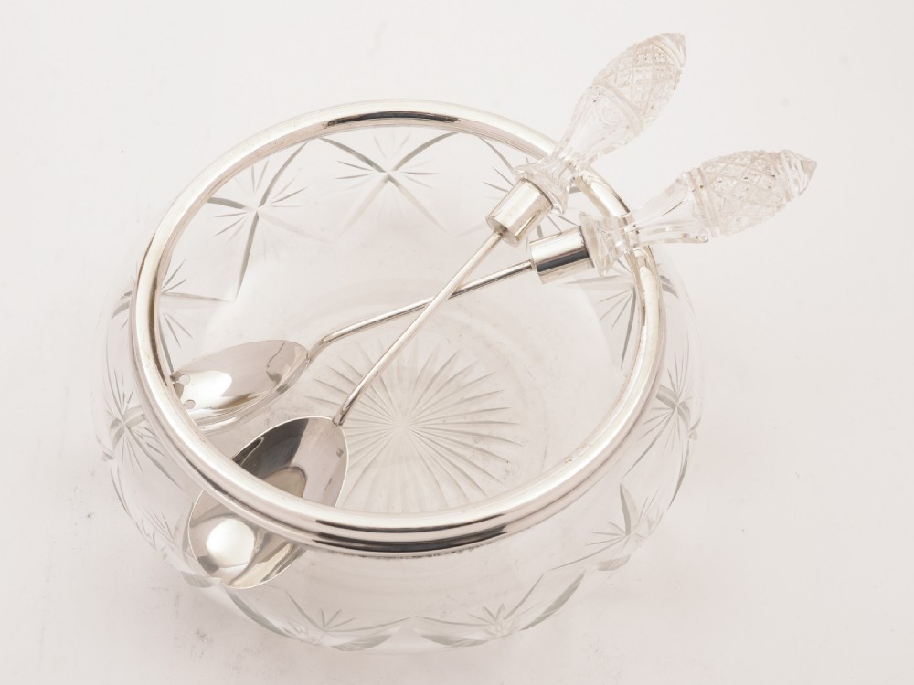 Edwardian Cut Glass and Silver Salad Bowl With Servers
