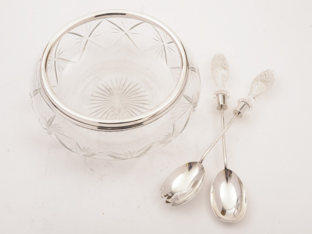 Edwardian Cut Glass and Silver Salad Bowl With Servers View II