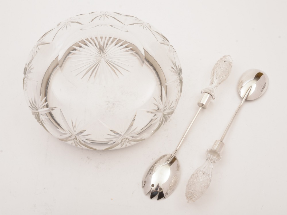 Edwardian Cut Glass and Silver Salad Bowl With Servers View III