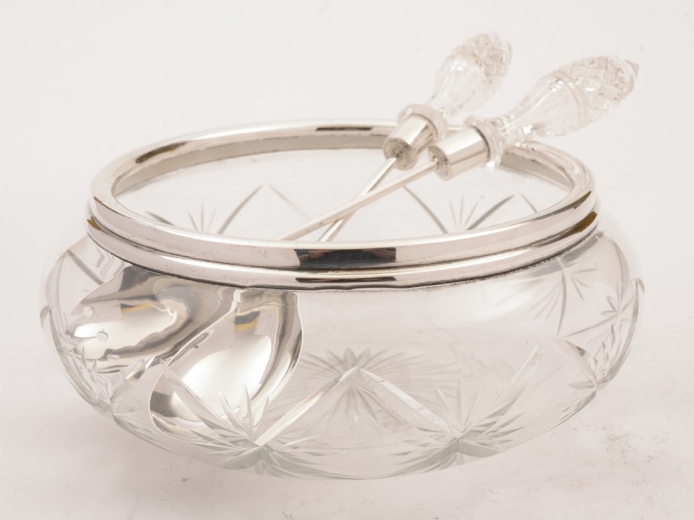Edwardian Cut Glass and Silver Salad Bowl With Servers View IV