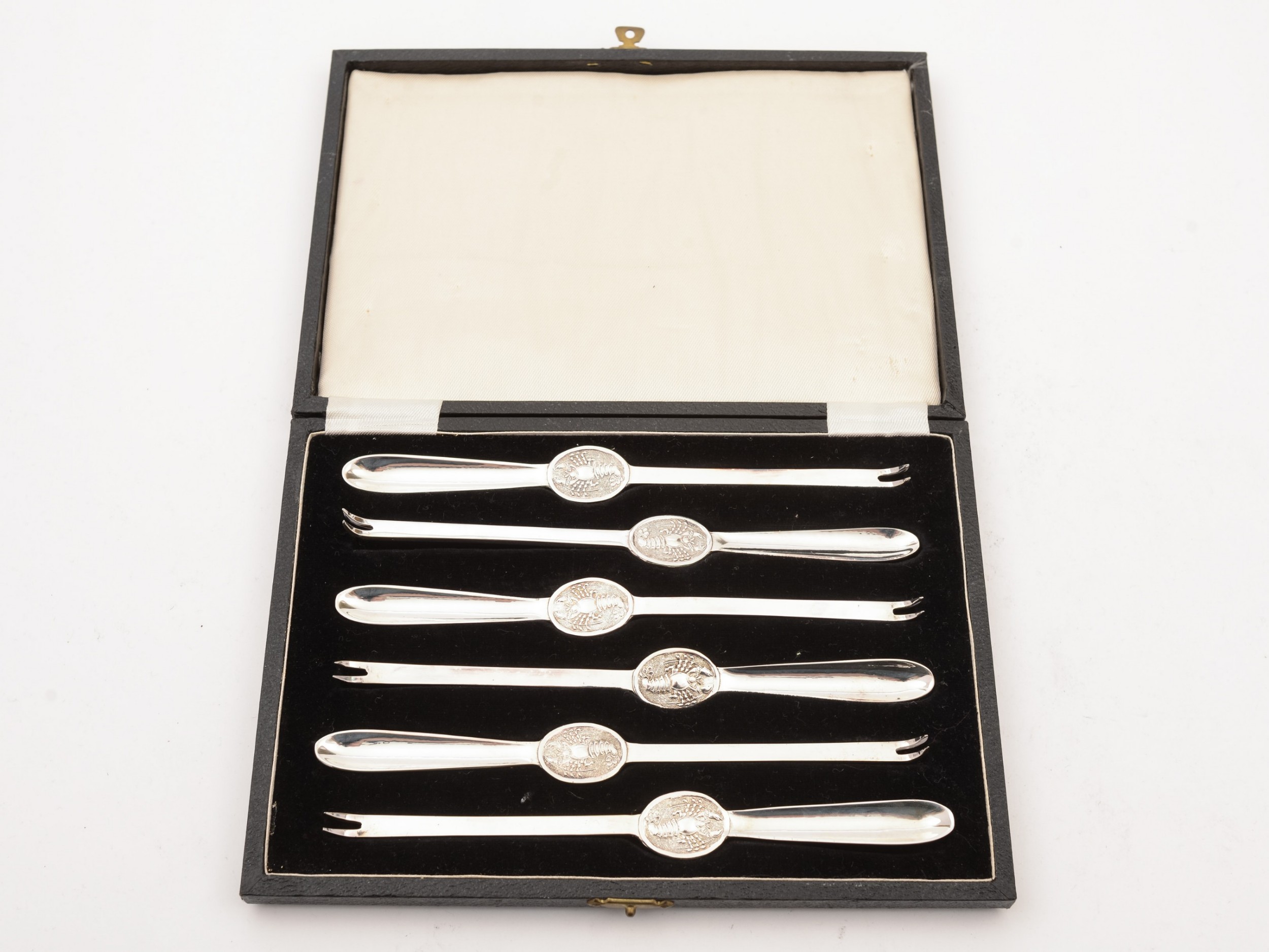 Cased Set of 6 Silver Plated Lobster Picks, Circa 1920