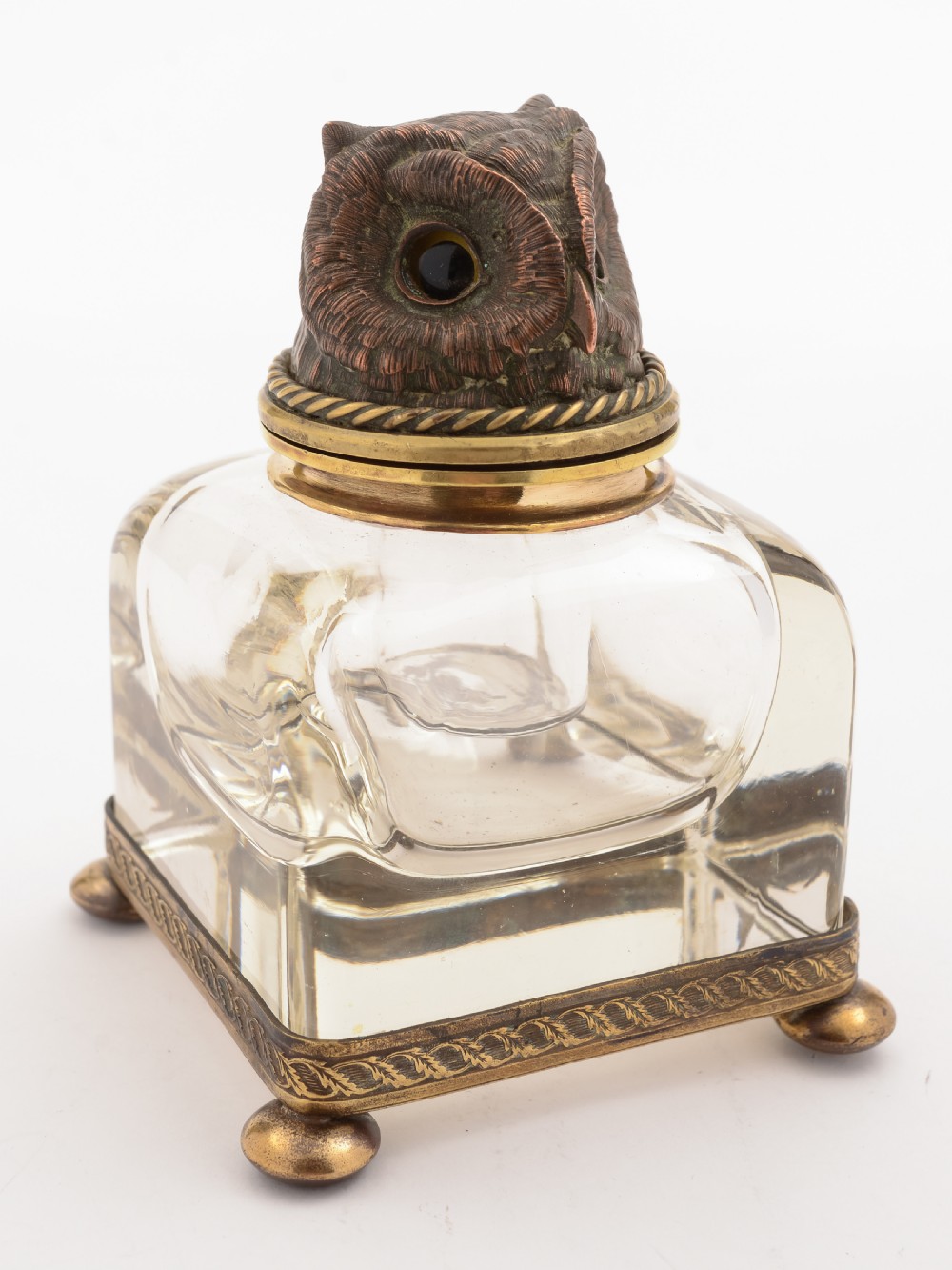 French Bronze Owl Topped Ink Pot, Circa 1900