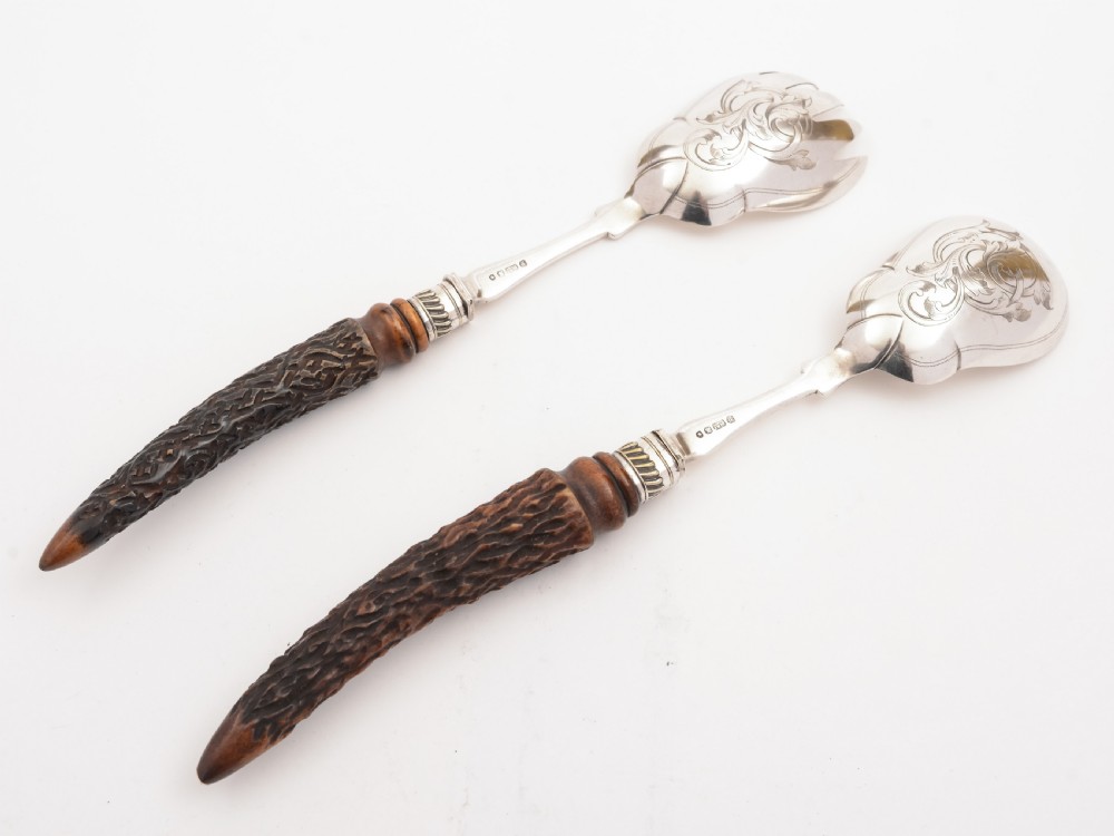 Victorian Antler Handled Salad Servers, Circa 1890 View II