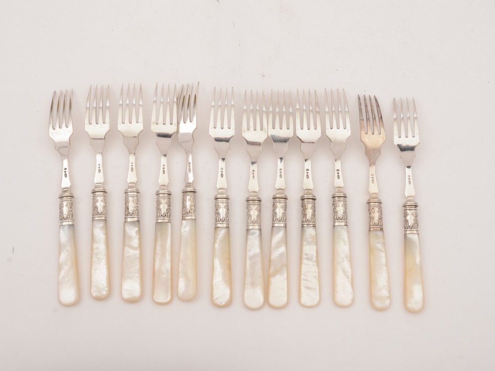 Cased Mother of Pearl and Silver Plated Dessert Set, Circa 1905 View VII