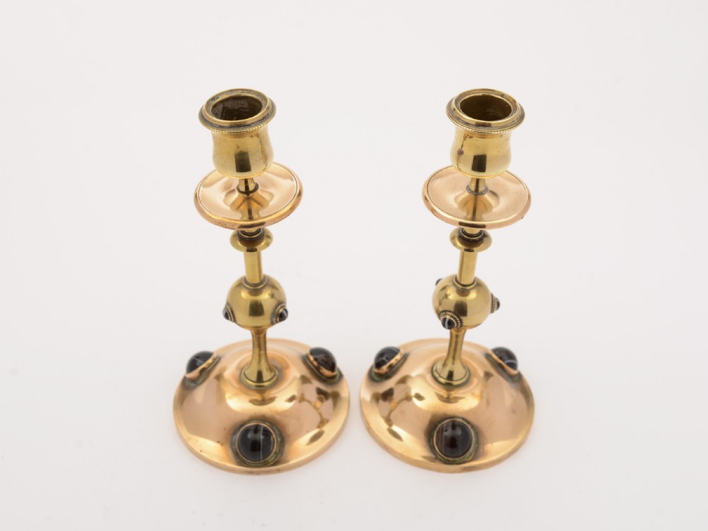 Pair of Brass Arts & crafts Candlesticks, Circa 1900 View II