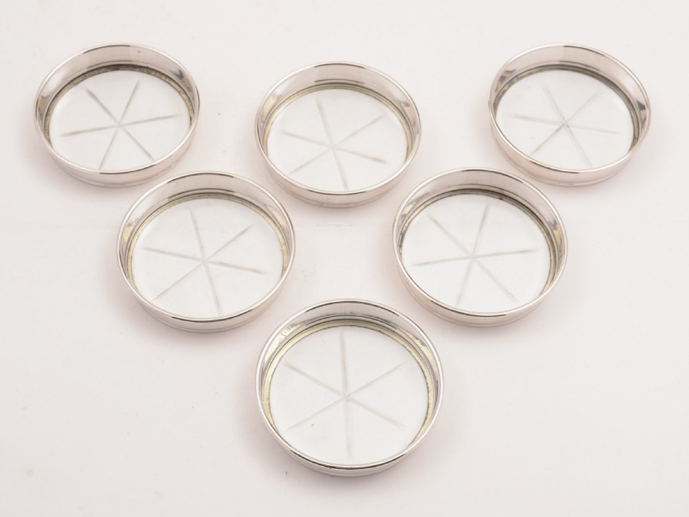 Set of 6 Sterling Silver and Glass Coasters, Circa 1920