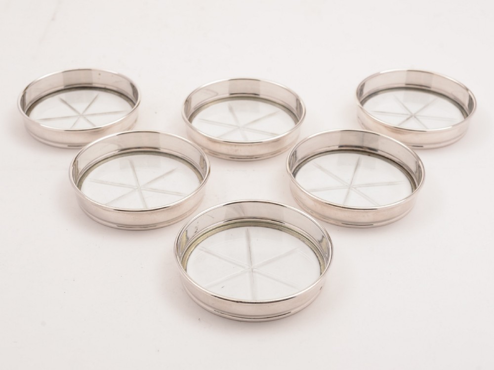Set of 6 Sterling Silver and Glass Coasters, Circa 1920 View II