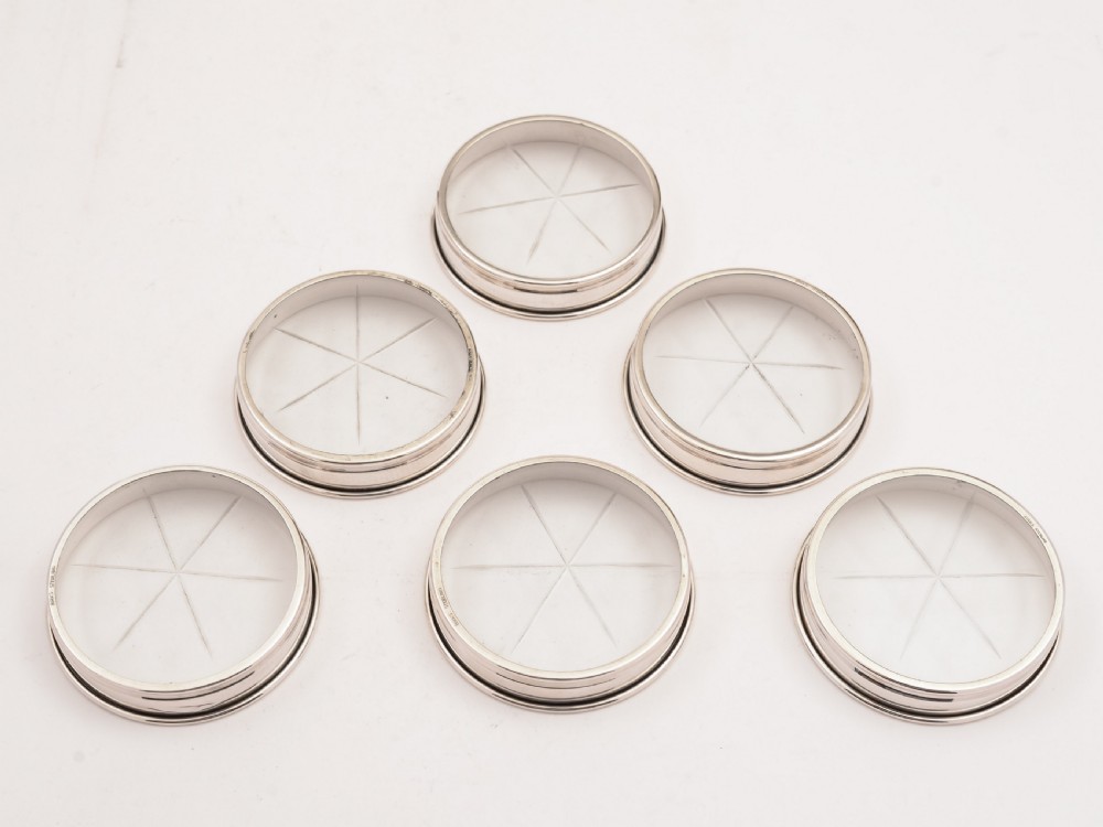 Set of 6 Sterling Silver and Glass Coasters, Circa 1920 View III