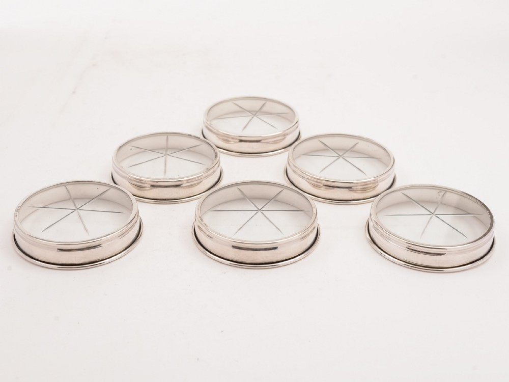 Set of 6 Sterling Silver and Glass Coasters, Circa 1920 View IV