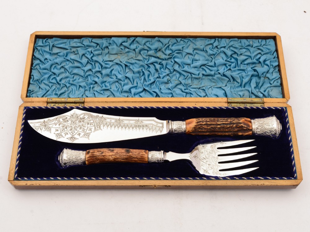 Cased Victorian Antler Handled Fish Servers, 1883