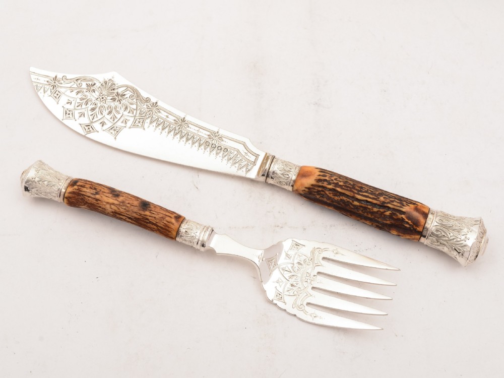 Cased Victorian Antler Handled Fish Servers, 1883 View III