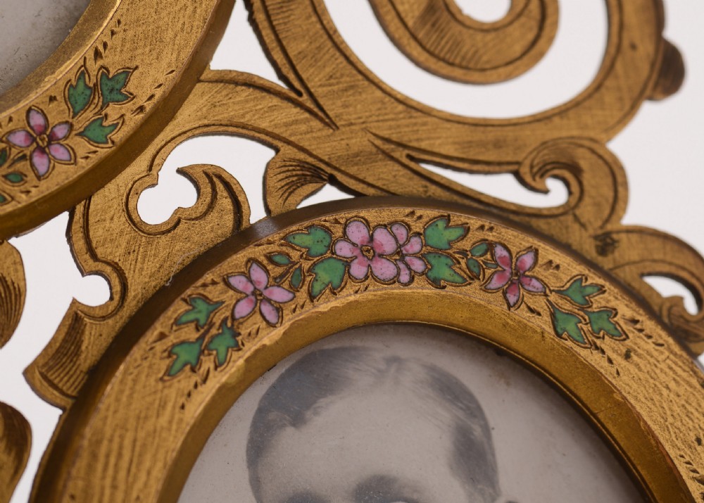 Fabulous Victorian Enamelled Brass Triple Photo Frame View IV