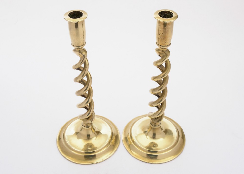 Lovely Pair of Brass Open Barley Twist Candlesticks, Circa 1920 View III