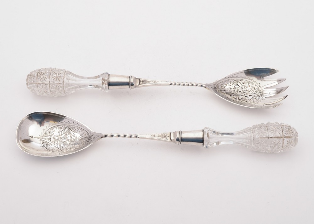 Lovely Edwardian Pair of Glass Handled Salad Servers, Circa 1905