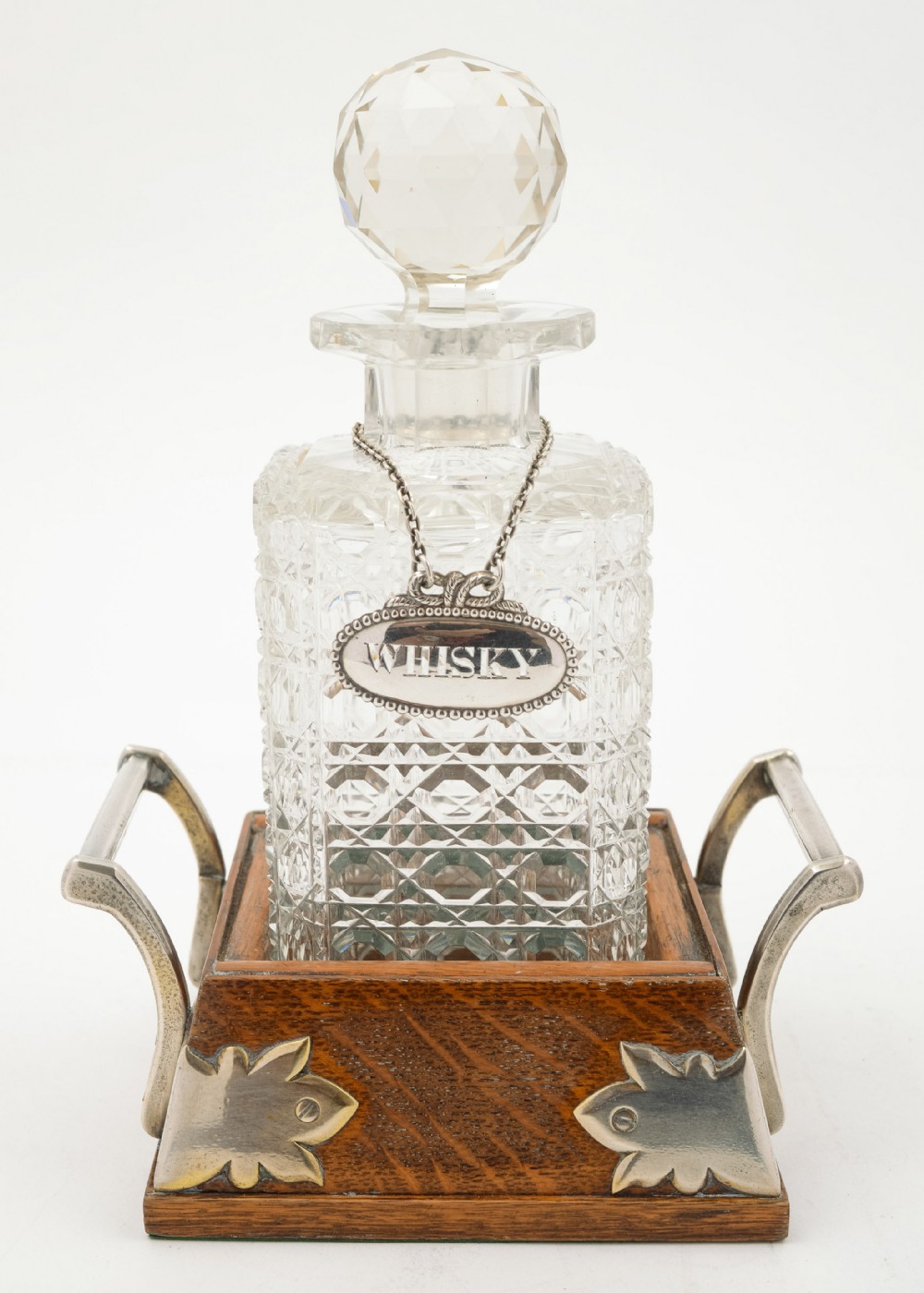 Super Edwardian cut glass decanter in oak stand 1905