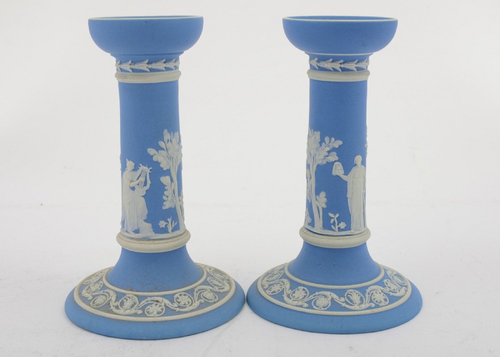 Nice Edwardian Wedgwood Blue Jasper Ware Candlesticks. Circa 1905