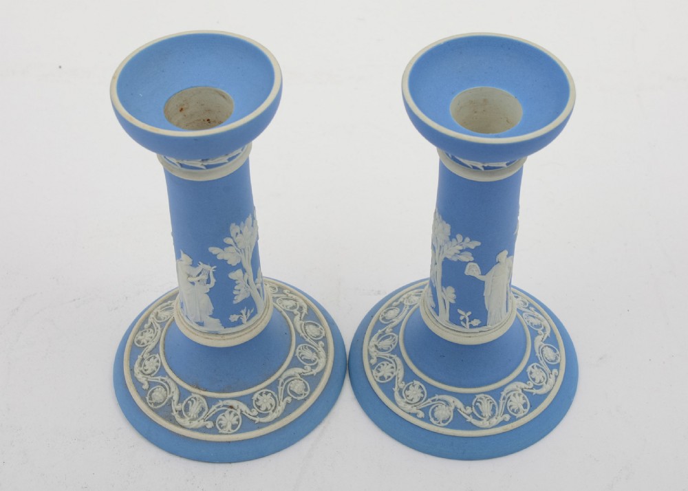 Nice Edwardian Wedgwood Blue Jasper Ware Candlesticks. Circa 1905 View II