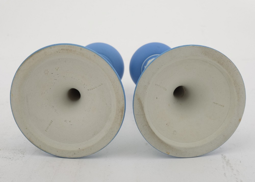 Nice Edwardian Wedgwood Blue Jasper Ware Candlesticks. Circa 1905 View III