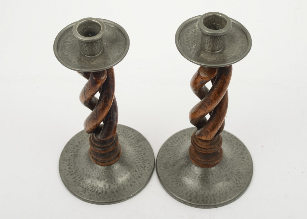 A nice pair of Liberty Pewter & Oak Candlesticks - circa 1920 View III