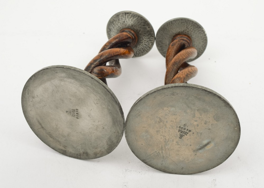 A nice pair of Liberty Pewter & Oak Candlesticks - circa 1920 View IV