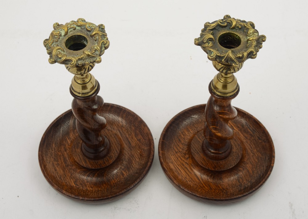 A Good Pair of Oak Barley Twist Candlesticks - circa 1920 View III