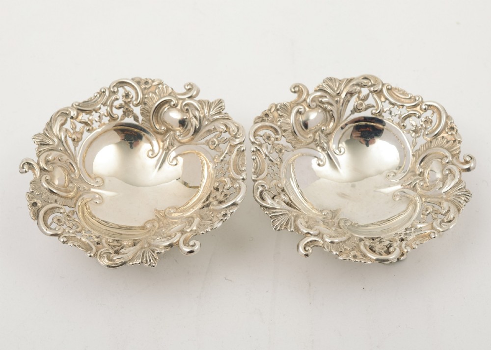 Pretty Pair Silver Victorian Bon Bon Dishes - London 1894
