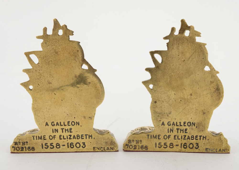 Unusual Pair Cast  Brass Elizabethan Galleon Bookends  View III