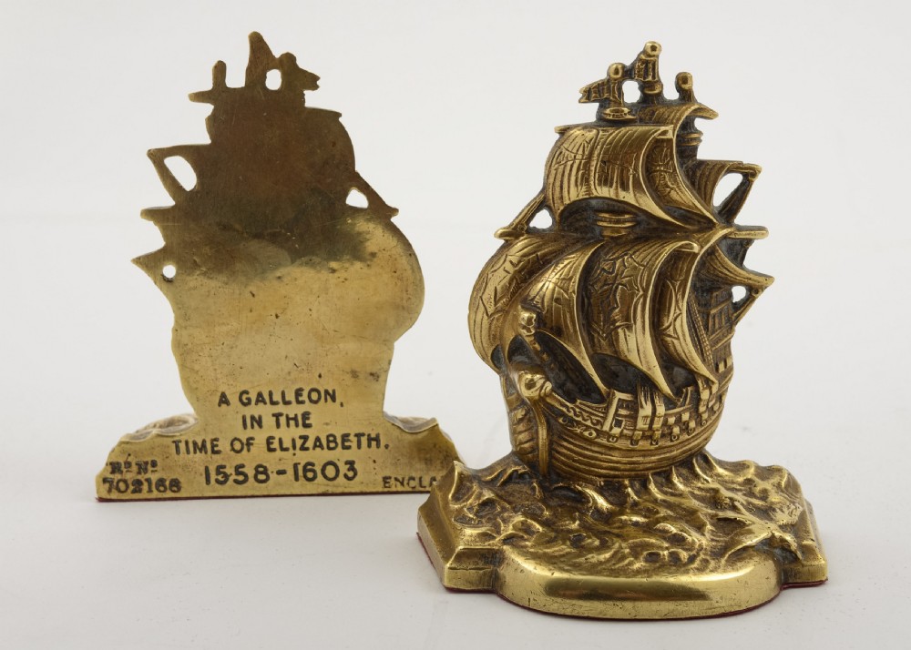 Unusual Pair Cast  Brass Elizabethan Galleon Bookends  View V