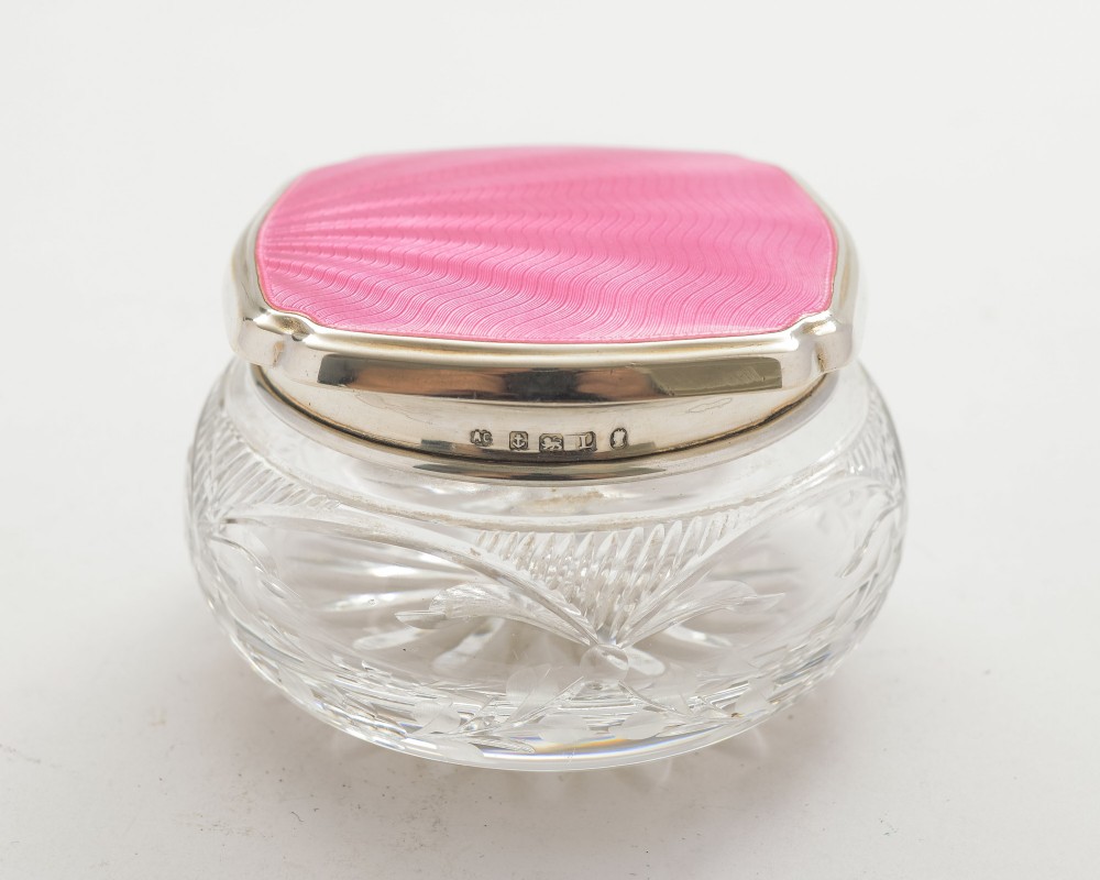 Pretty Art Deco Silver Enamelled Topped Jar - Birmingham 1935