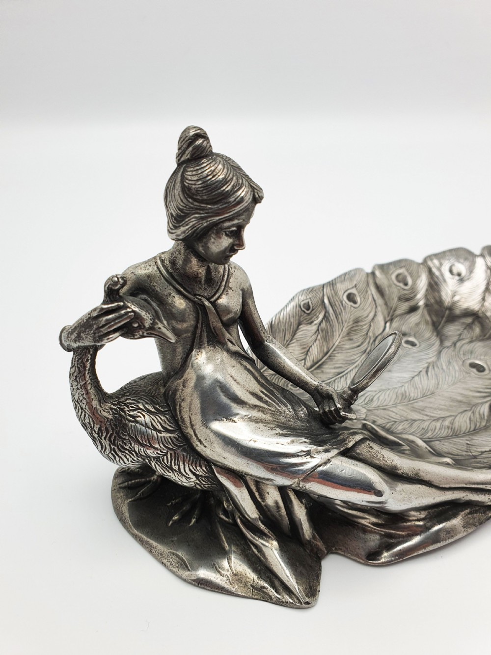 Continental Antique Art Nouveau Pewter Dish – Lady with Peacock – circa 1900 View III