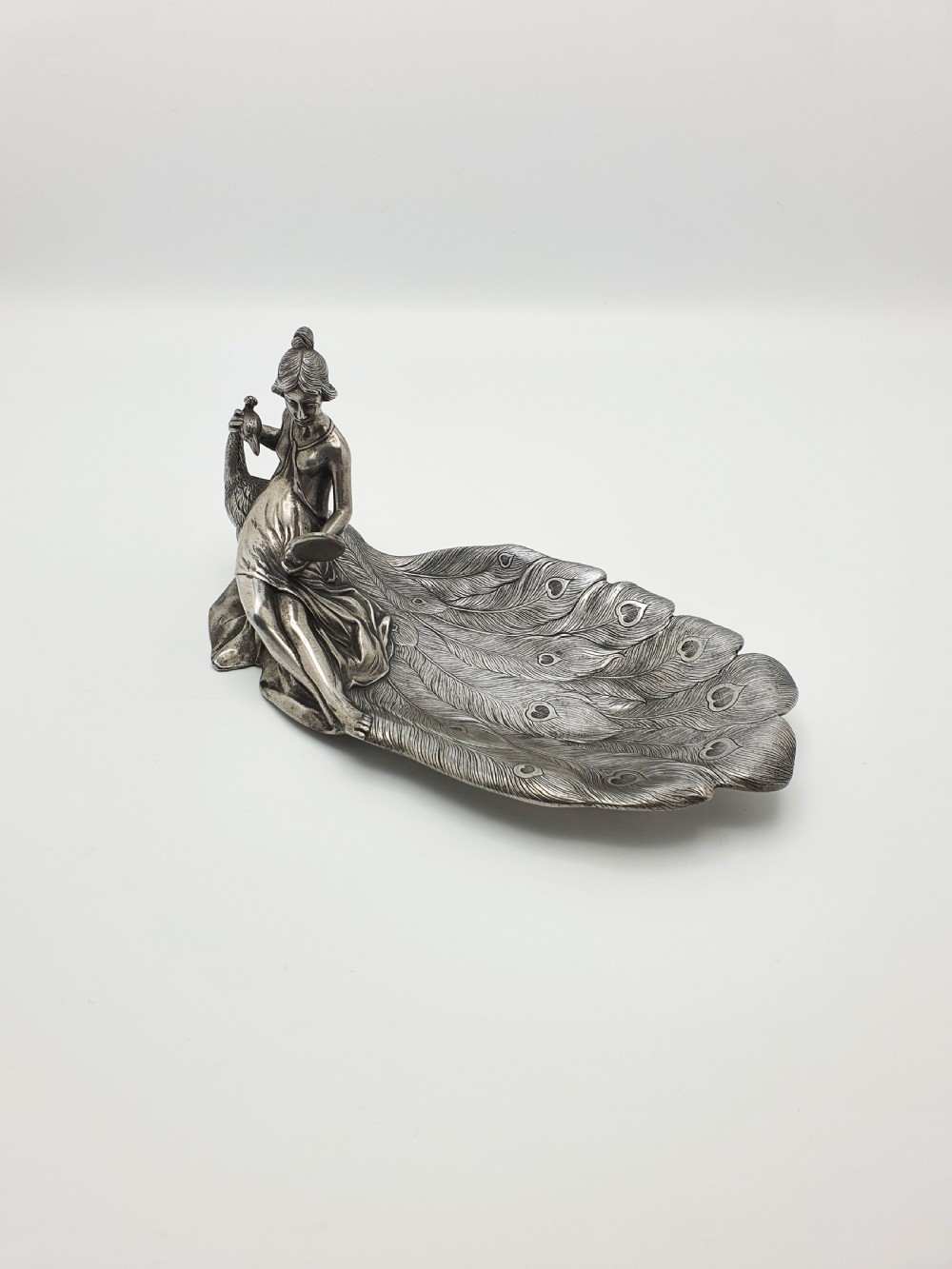 Continental Antique Art Nouveau Pewter Dish – Lady with Peacock – circa 1900 View II