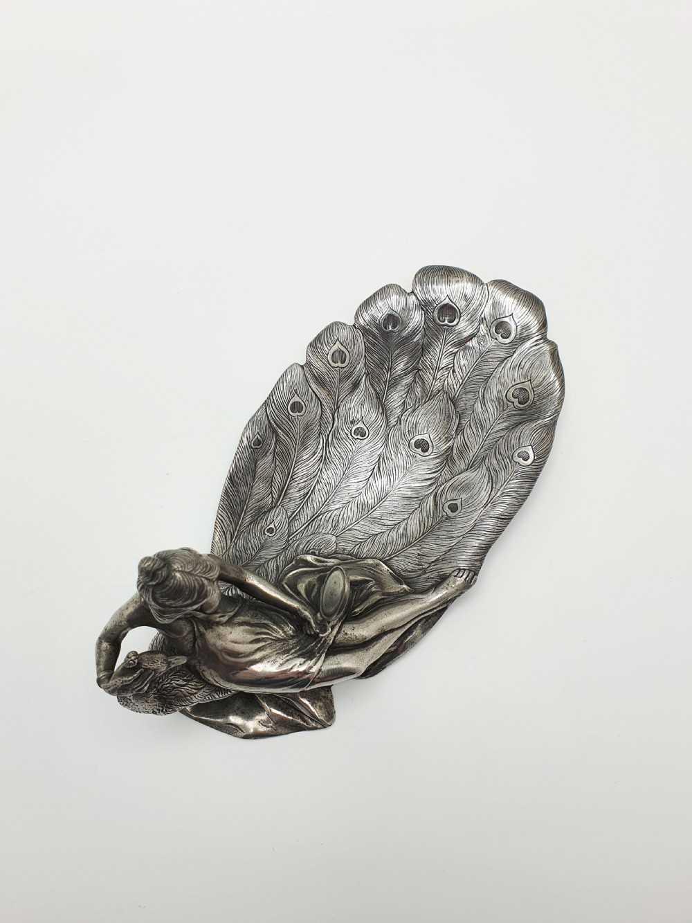 Continental Antique Art Nouveau Pewter Dish – Lady with Peacock – circa 1900 View IV
