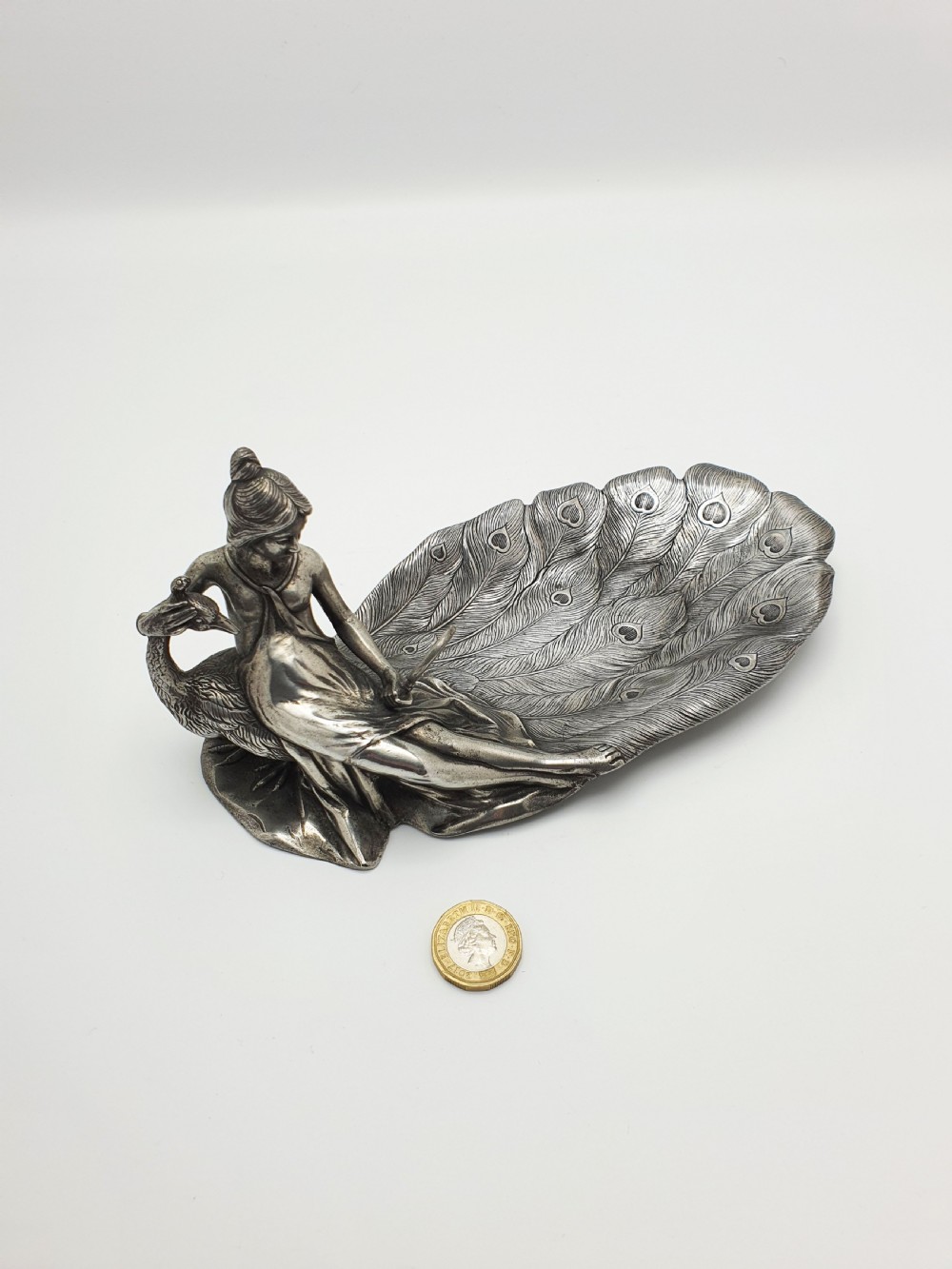 Continental Antique Art Nouveau Pewter Dish – Lady with Peacock – circa 1900 View V