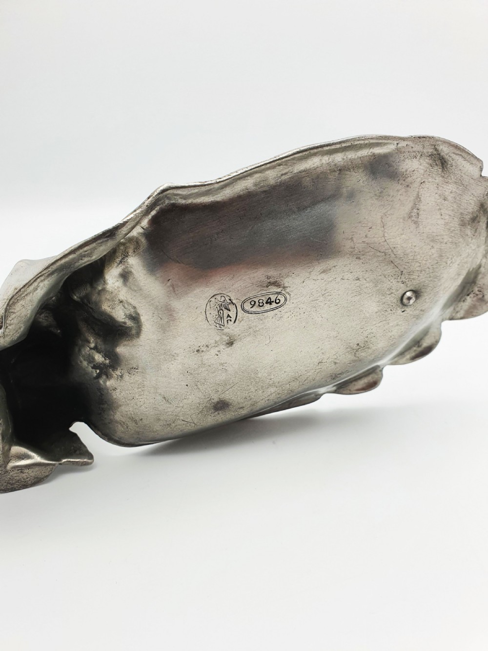 Continental Antique Art Nouveau Pewter Dish – Lady with Peacock – circa 1900 View VI