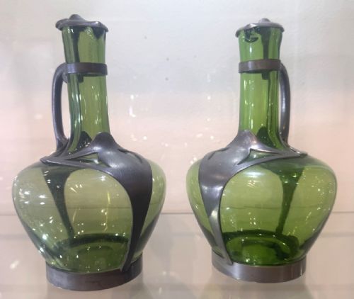 AUSTRIAN ART NOUVEAU PEWTER AND GREEN GLASS JUGS - ADDITIONAL PHOTO 1