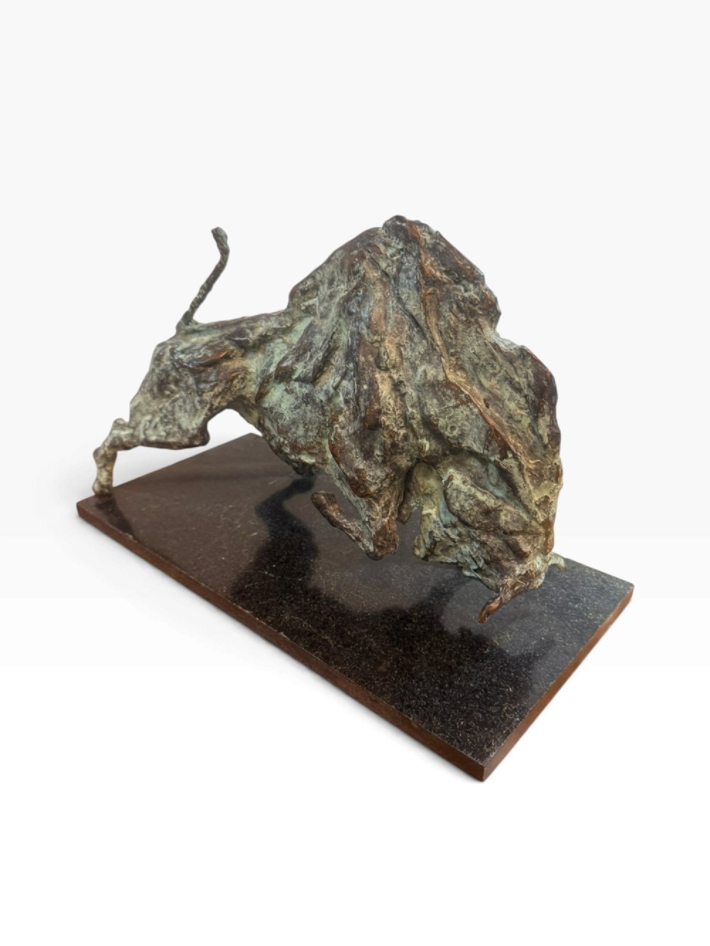 A patinated bronze sculpture depicting a charging bull with a heavily textured surface, mounted on a dark rectangular base. View II