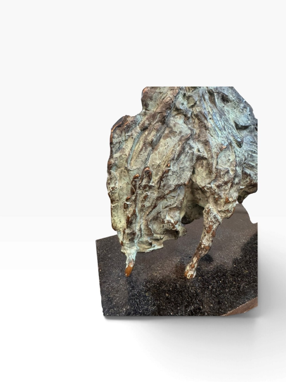 A patinated bronze sculpture depicting a charging bull with a heavily textured surface, mounted on a dark rectangular base. View III