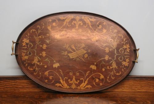 A Lovely Edwardian Mahogany and Inlaid Oval Galleried Tea Tray
