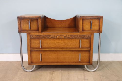 Art Deco Style Rare Oak and Chrome Framed Drop Centre Storage Unit.