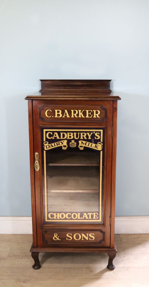 A Lovely Late Victorian Glazed Side Cabinet Sign Written for Cadburys Chocolate.