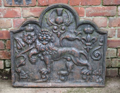 A Cast Iron Fire Back in the Medieval Style with Passant Guardant Leopard.