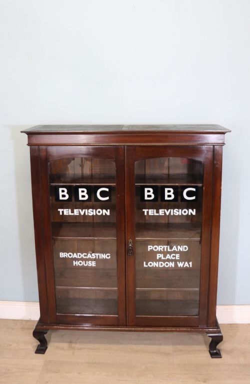 A Lovely Early 20th Century Mahogany Framed Glazed Bookcase Cabinet, Later Sign Written for the (Bbc)