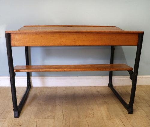 fig 1. A wonderful early 20th century oak and iron framed school desk and integral chair. 