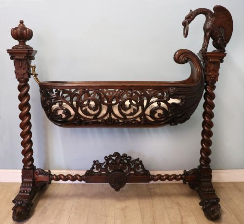 A Lovely Victorian Rocking Baby’s Crib with the Finest Elaborate Pierced Fretwork Oak Frame.