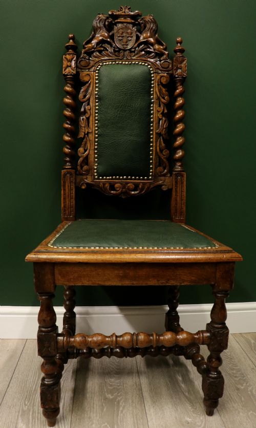 a lovely victorian oak framed beautifully carved hall chair in the carolean gothic revival style - CATEGORY: ANTIQUE CHAIRS - DATED VICTORIAN
