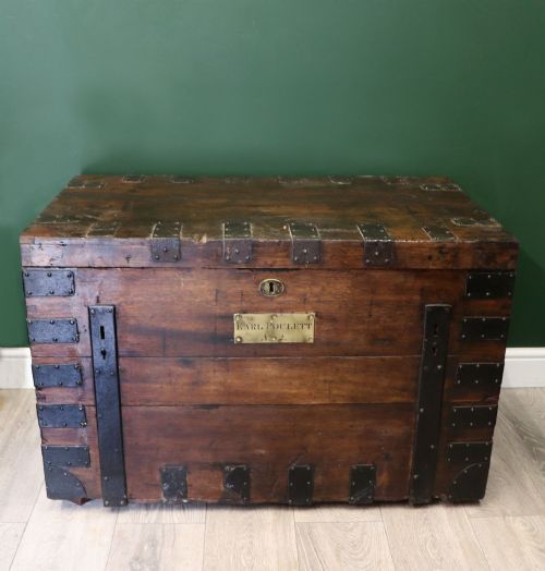 A Lovely 19th Century Oak and Iron Bound Former Silver Chest. Bearing the Label for Earl Poulett of Somerset.