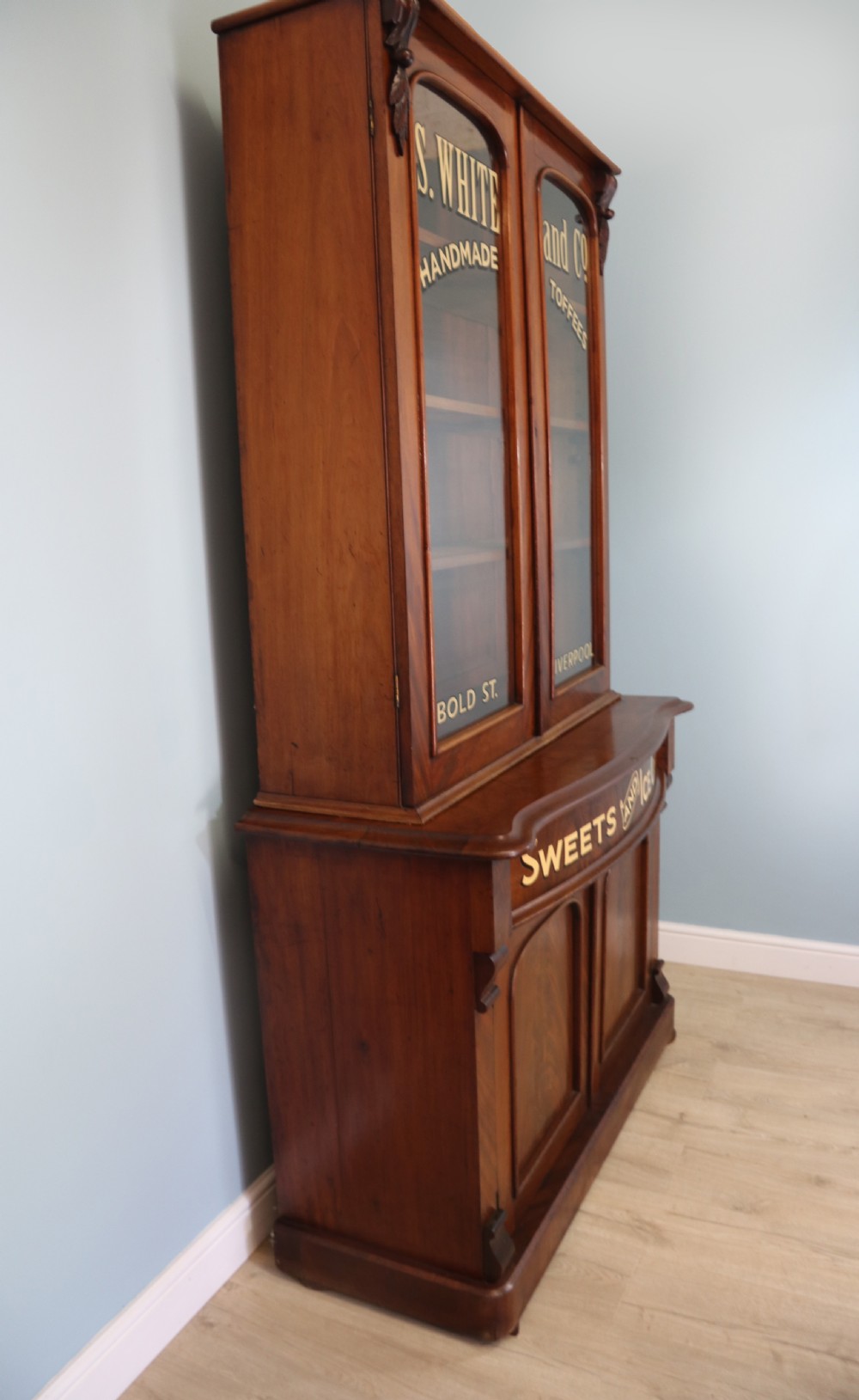A fabulous Victorian mahogany bookcase cabinet formed of two sections.  View IV