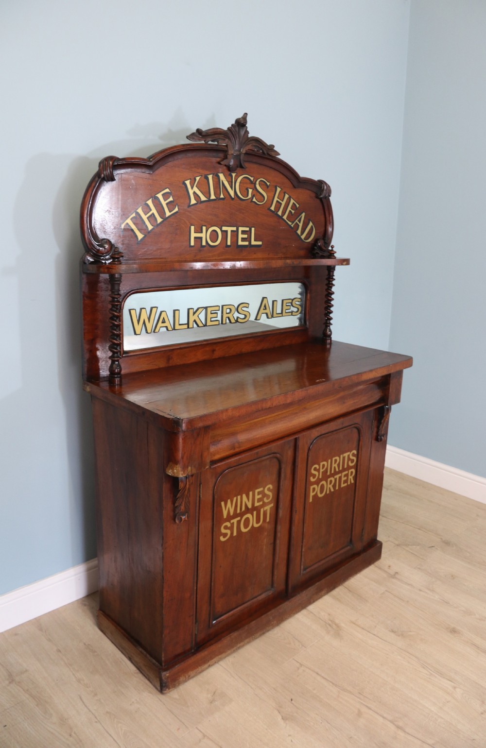 Victorian mirror back chiffonier with later sign written advertising detail  View II