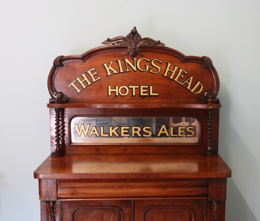 Victorian mirror back chiffonier with later sign written advertising detail  View III