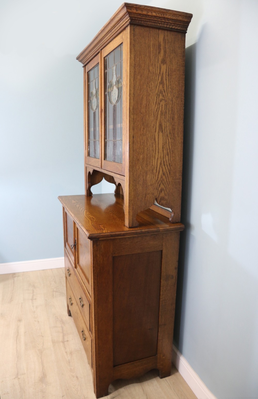 19th century light oak side cabinet in the Arts and Crafts style. View II